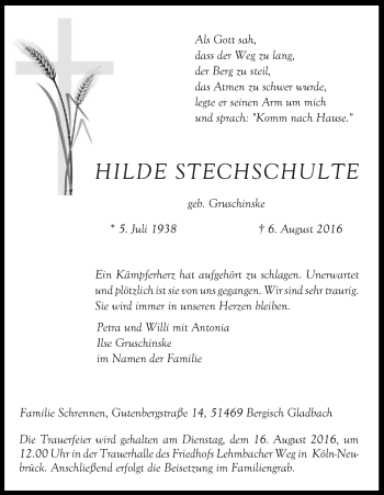 Anzeige von Hilde Stechschulte von Kölner Stadt-Anzeiger / Kölnische Rundschau / Express