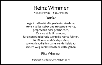 Anzeige von Heinz Wimmer von Kölner Stadt-Anzeiger / Kölnische Rundschau / Express