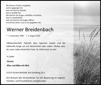 Anzeige von Werner Breidenbach von Kölner Stadt-Anzeiger / Kölnische Rundschau / Express