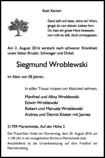 Anzeige von Siegmund Wroblewski von Kölner Stadt-Anzeiger / Kölnische Rundschau / Express