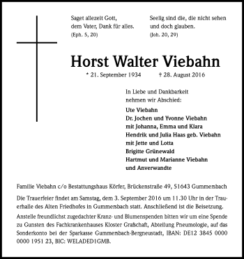 Anzeige von Horst Walter Viebahn von Kölner Stadt-Anzeiger / Kölnische Rundschau / Express