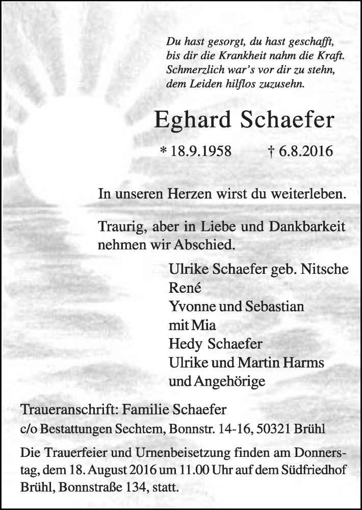  Traueranzeige für Eghard Schaefer vom 10.08.2016 aus  Schlossbote/Werbekurier 