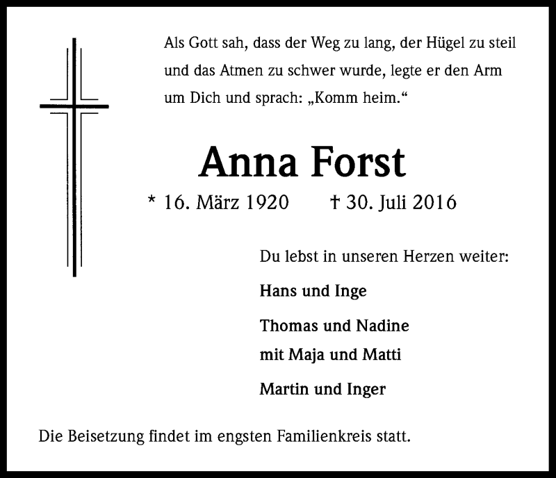  Traueranzeige für Anna Forst vom 06.08.2016 aus Kölner Stadt-Anzeiger / Kölnische Rundschau / Express