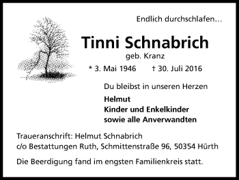 Anzeige von Tinni Schnabrich von Kölner Stadt-Anzeiger / Kölnische Rundschau / Express