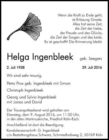 Anzeige von Helga Ingenbleek von Kölner Stadt-Anzeiger / Kölnische Rundschau / Express