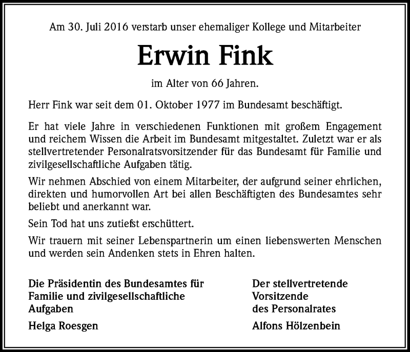  Traueranzeige für Erwin Fink vom 06.08.2016 aus Kölner Stadt-Anzeiger / Kölnische Rundschau / Express