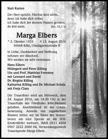 Anzeige von Marga Elbers von Kölner Stadt-Anzeiger / Kölnische Rundschau / Express