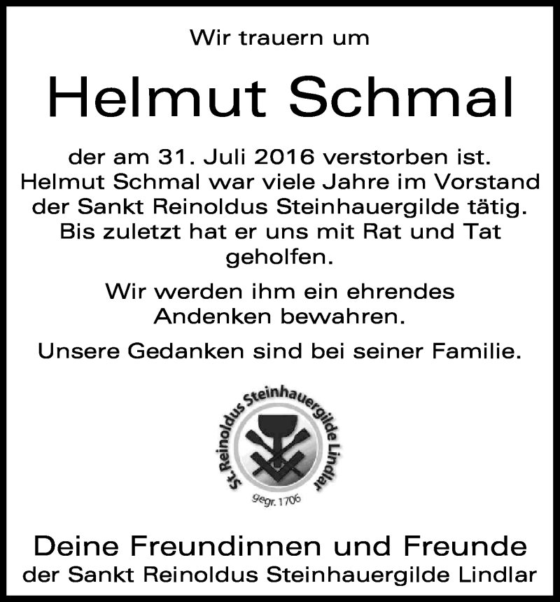  Traueranzeige für Helmut Schmal vom 06.08.2016 aus Kölner Stadt-Anzeiger / Kölnische Rundschau / Express