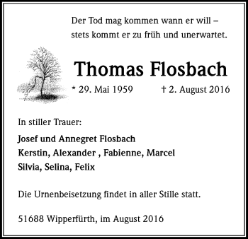 Anzeige von Thomas Flosbach von Kölner Stadt-Anzeiger / Kölnische Rundschau / Express