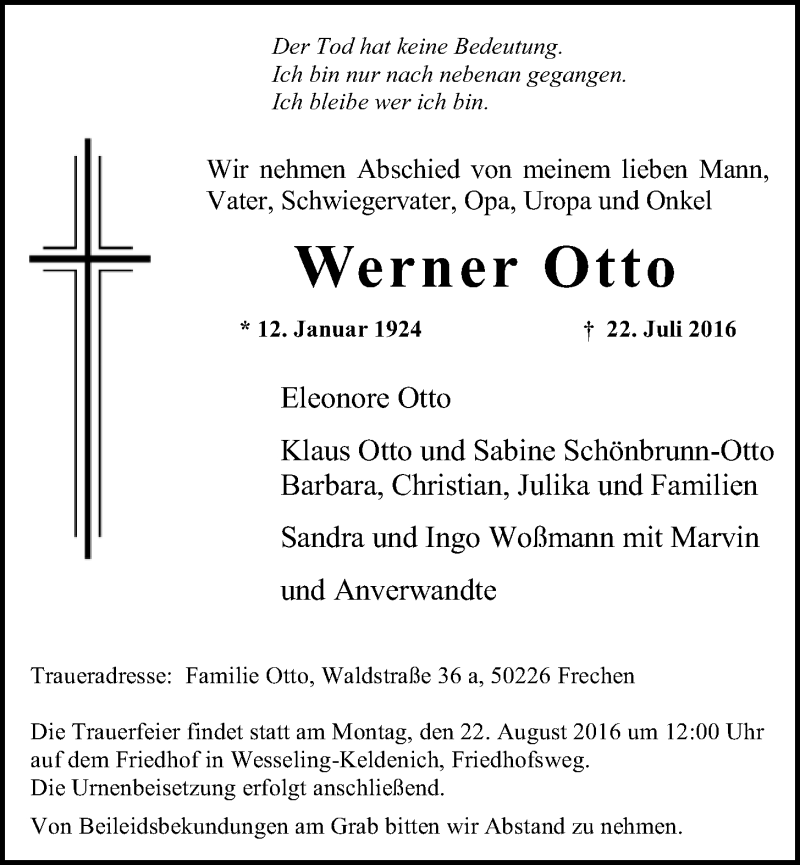  Traueranzeige für Werner Otto vom 10.08.2016 aus  Schlossbote/Werbekurier 