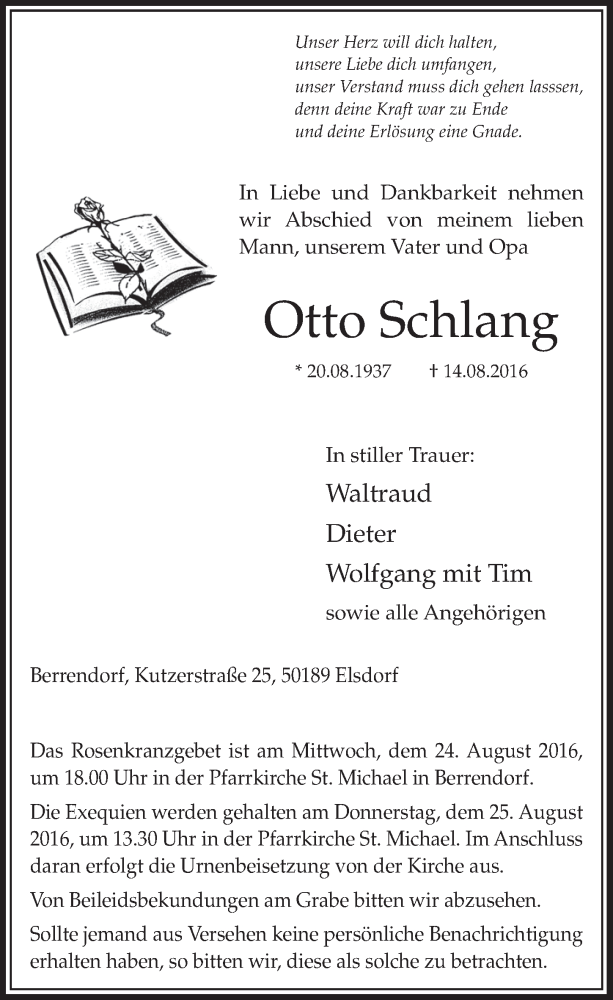  Traueranzeige für Otto Schlang vom 20.08.2016 aus  Sonntags-Post 