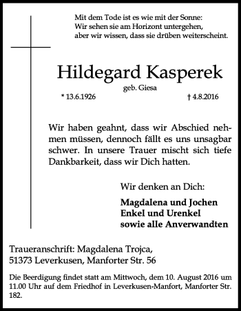 Anzeige von Hildegard Kasperek von Kölner Stadt-Anzeiger / Kölnische Rundschau / Express