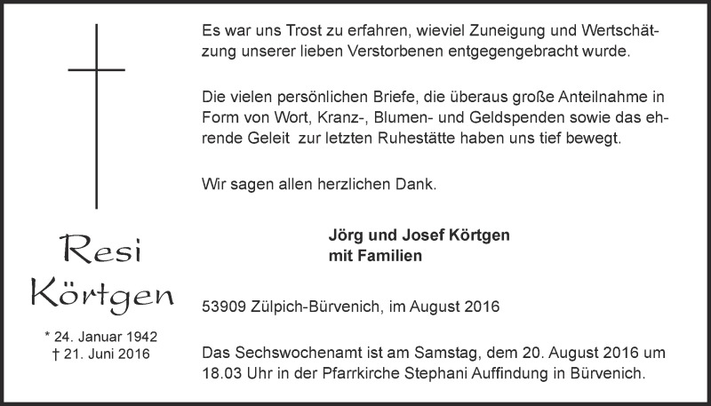  Traueranzeige für Resi Körtgen vom 13.08.2016 aus  Blickpunkt Euskirchen 