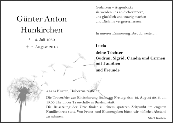 Anzeige von Günter Anton Hunkirchen von Kölner Stadt-Anzeiger / Kölnische Rundschau / Express
