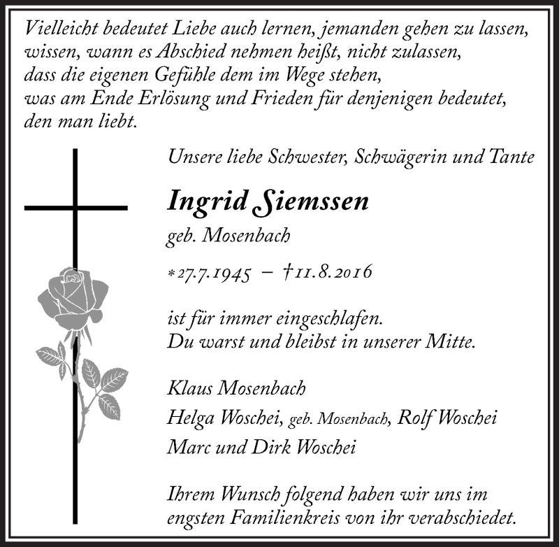  Traueranzeige für Ingrid Siemssen vom 20.08.2016 aus  Bergisches Sonntagsblatt 