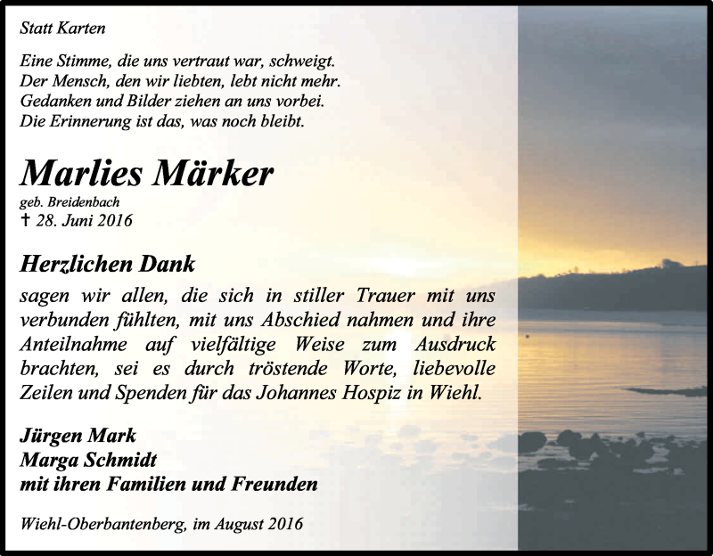  Traueranzeige für Marlies Märker vom 06.08.2016 aus Kölner Stadt-Anzeiger / Kölnische Rundschau / Express