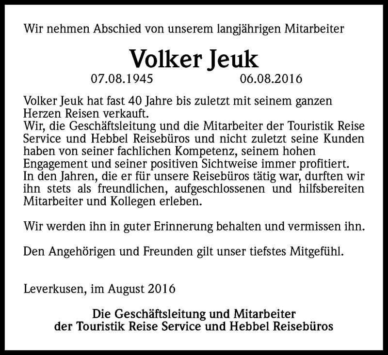  Traueranzeige für Volker Jeuk vom 13.08.2016 aus Kölner Stadt-Anzeiger / Kölnische Rundschau / Express
