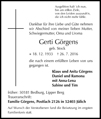 Anzeige von Gerti Görgens von Kölner Stadt-Anzeiger / Kölnische Rundschau / Express