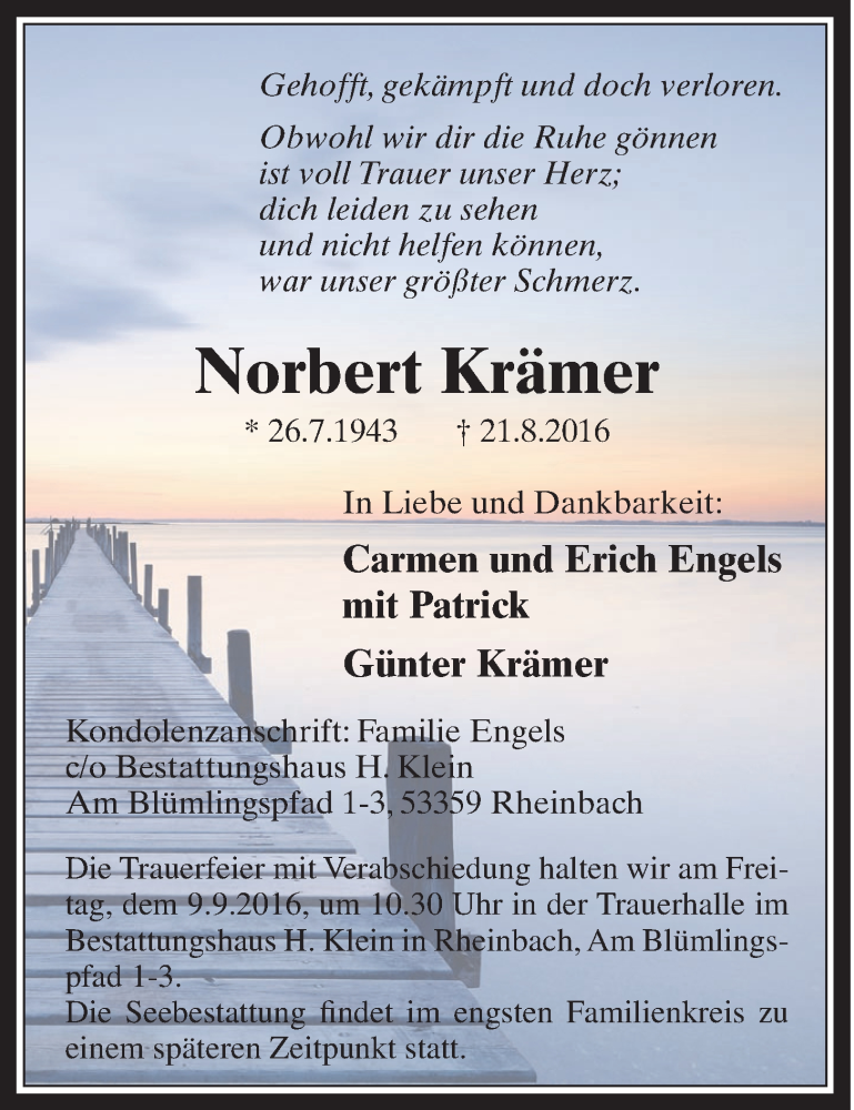  Traueranzeige für Norbert Krämer vom 31.08.2016 aus  Schaufenster/Blickpunkt 