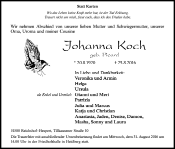 Anzeige von Johanna Koch von Kölner Stadt-Anzeiger / Kölnische Rundschau / Express
