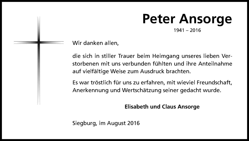  Traueranzeige für Peter Ansorge vom 26.08.2016 aus Kölner Stadt-Anzeiger / Kölnische Rundschau / Express