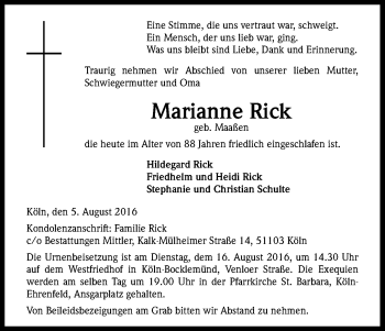 Anzeige von Marianne Rick von Kölner Stadt-Anzeiger / Kölnische Rundschau / Express