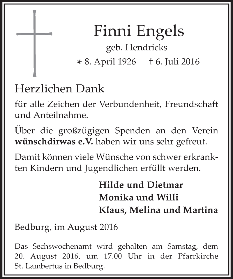  Traueranzeige für Finni Engels vom 17.08.2016 aus  Werbepost 