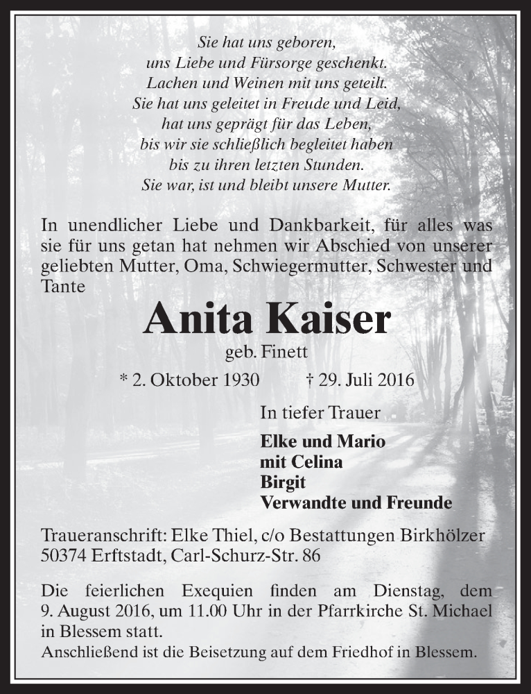  Traueranzeige für Anita Kaiser vom 03.08.2016 aus  Werbepost 