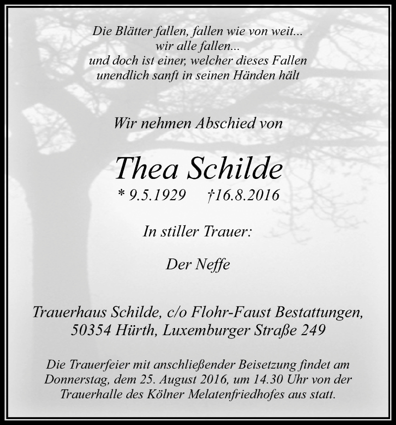  Traueranzeige für Thea Schilde vom 20.08.2016 aus Kölner Stadt-Anzeiger / Kölnische Rundschau / Express