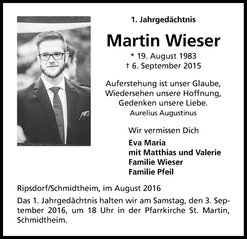  Traueranzeige für Martin Wieser vom 01.09.2016 aus Kölner Stadt-Anzeiger / Kölnische Rundschau / Express