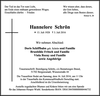 Anzeige von Hannelore Schrön von Kölner Stadt-Anzeiger / Kölnische Rundschau / Express