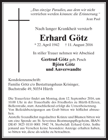 Anzeige von Erhard GÃ¶tz von  Wochenende 