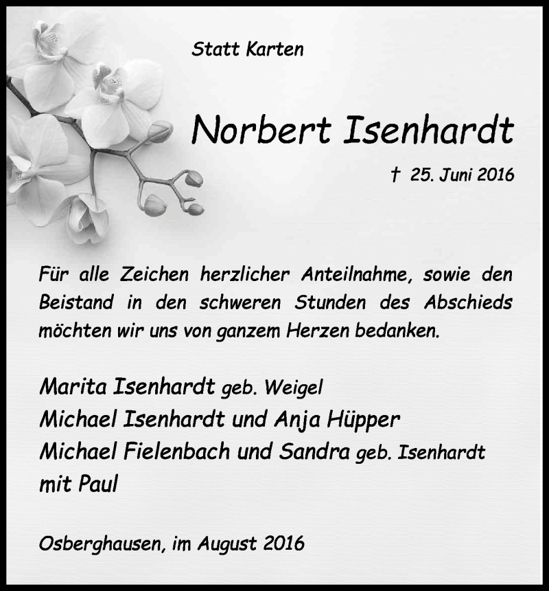  Traueranzeige für Norbert Isenhardt vom 06.08.2016 aus Kölner Stadt-Anzeiger / Kölnische Rundschau / Express