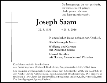 Anzeige von Joseph Saam von Kölner Stadt-Anzeiger / Kölnische Rundschau / Express