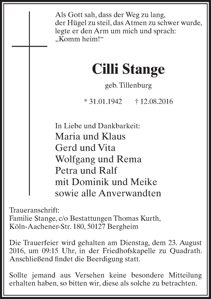  Traueranzeige für Cilli Stange vom 20.08.2016 aus  Sonntags-Post 