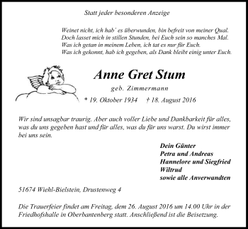 Anzeige von Anne Gret Stum von Kölner Stadt-Anzeiger / Kölnische Rundschau / Express