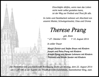 Anzeige von Therese Prang von Kölner Stadt-Anzeiger / Kölnische Rundschau / Express