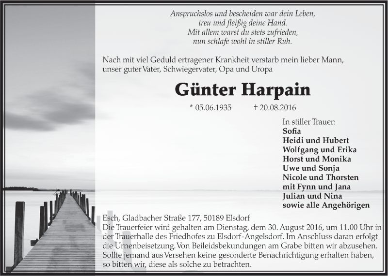  Traueranzeige für Günter Harpain vom 27.08.2016 aus  Sonntags-Post 