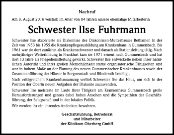 Anzeige von Ilse Fuhrmann von Kölner Stadt-Anzeiger / Kölnische Rundschau / Express