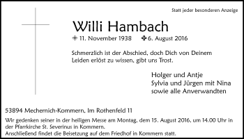Anzeige von Willi Hambach von  Blickpunkt Euskirchen 