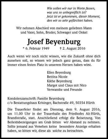 Anzeige von Josef Beyenburg von Kölner Stadt-Anzeiger / Kölnische Rundschau / Express
