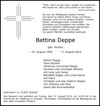 Anzeige von Bettina Deppe von Kölner Stadt-Anzeiger / Kölnische Rundschau / Express