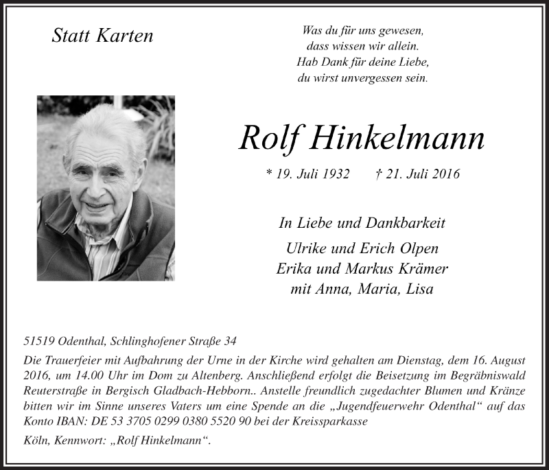  Traueranzeige für Rolf Hinkelmann vom 10.08.2016 aus  Bergisches Handelsblatt 