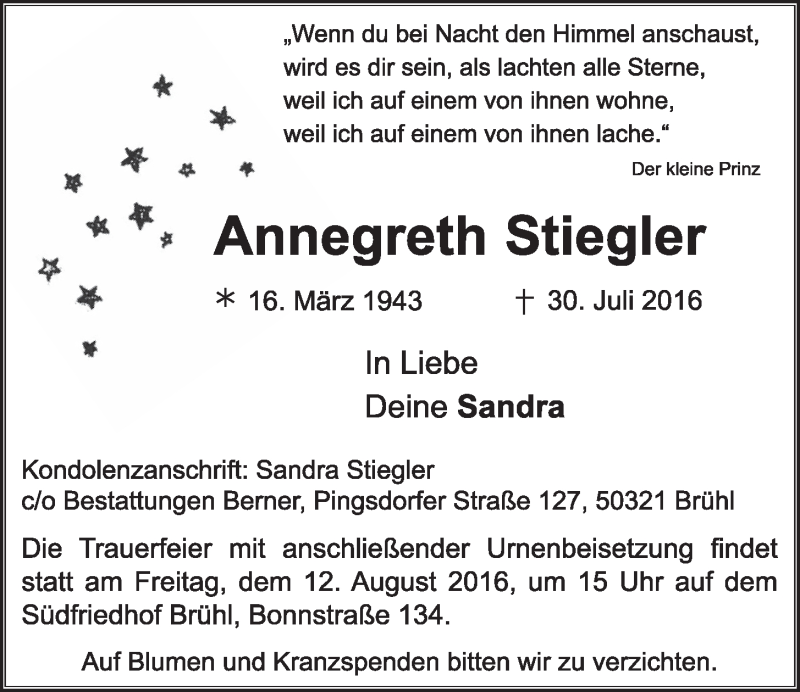  Traueranzeige für Annegreth Stiegler vom 10.08.2016 aus  Schlossbote/Werbekurier 