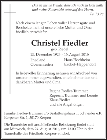 Anzeige von Christel Fiedler von  Sonntags-Post 