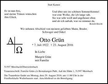 Anzeige von Otto Grün von Kölner Stadt-Anzeiger / Kölnische Rundschau / Express
