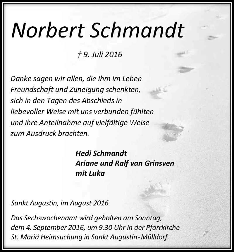  Traueranzeige für Norbert Schmandt vom 17.08.2016 aus Kölner Stadt-Anzeiger / Kölnische Rundschau / Express