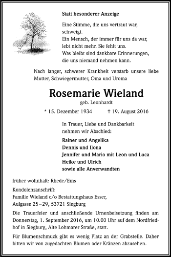 Anzeige von Rosemarie Wieland von Kölner Stadt-Anzeiger / Kölnische Rundschau / Express