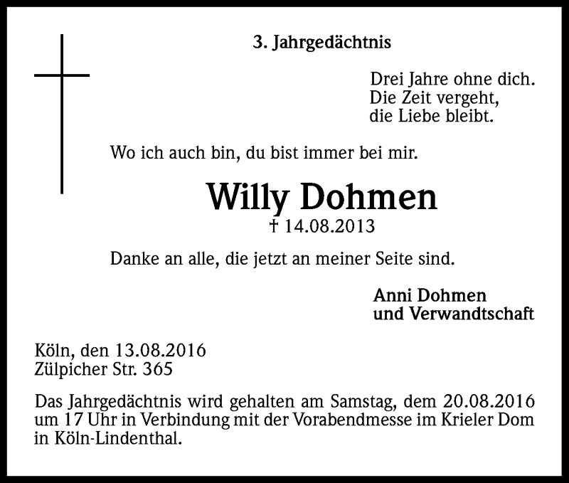  Traueranzeige für Willy Dohmen vom 13.08.2016 aus Kölner Stadt-Anzeiger / Kölnische Rundschau / Express