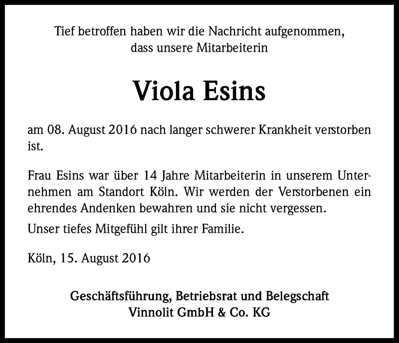  Traueranzeige für Viola Esins vom 20.08.2016 aus Kölner Stadt-Anzeiger / Kölnische Rundschau / Express
